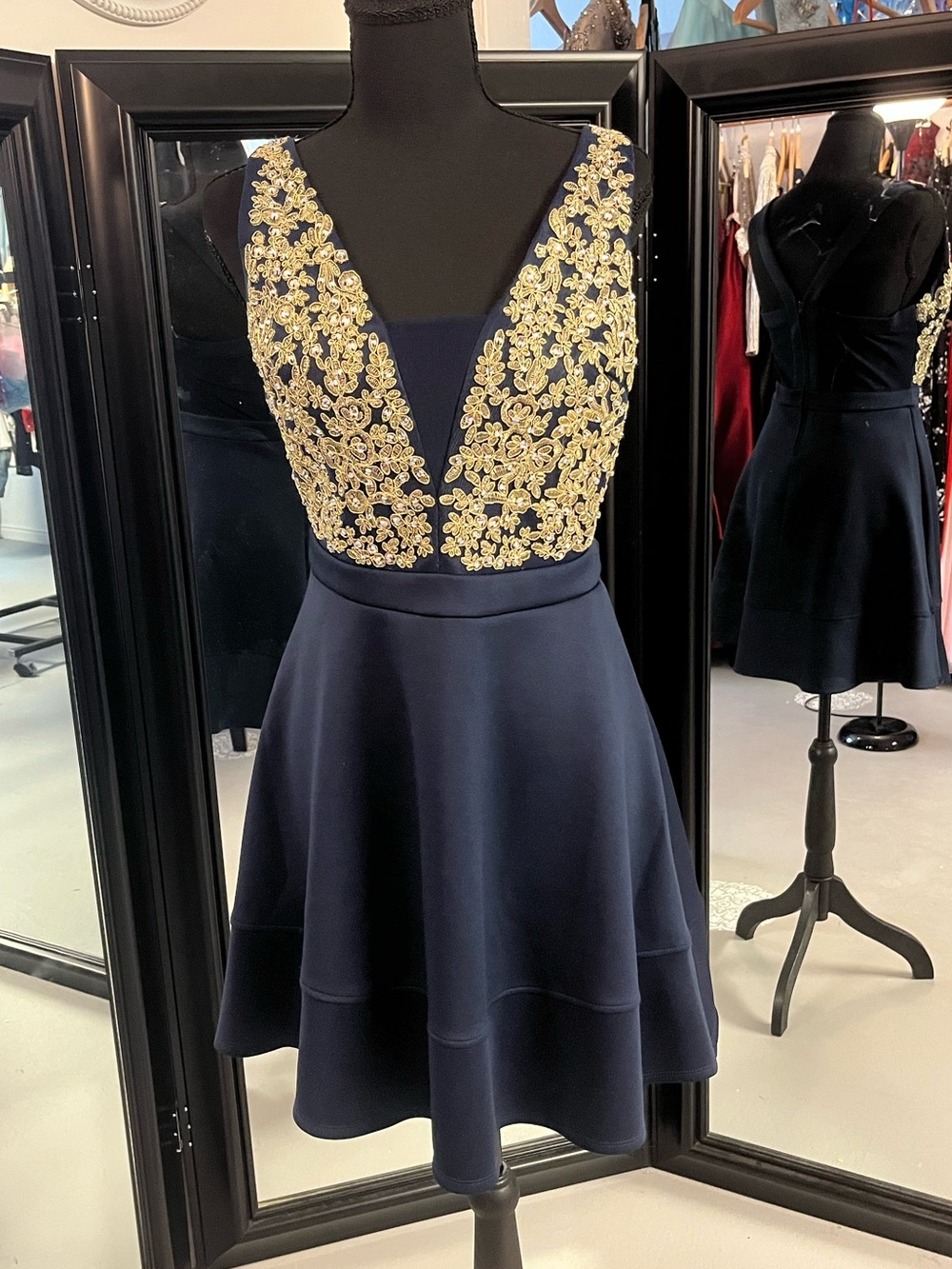 Honey and Rosie Navy Dress with Gold Embellished V-Neck